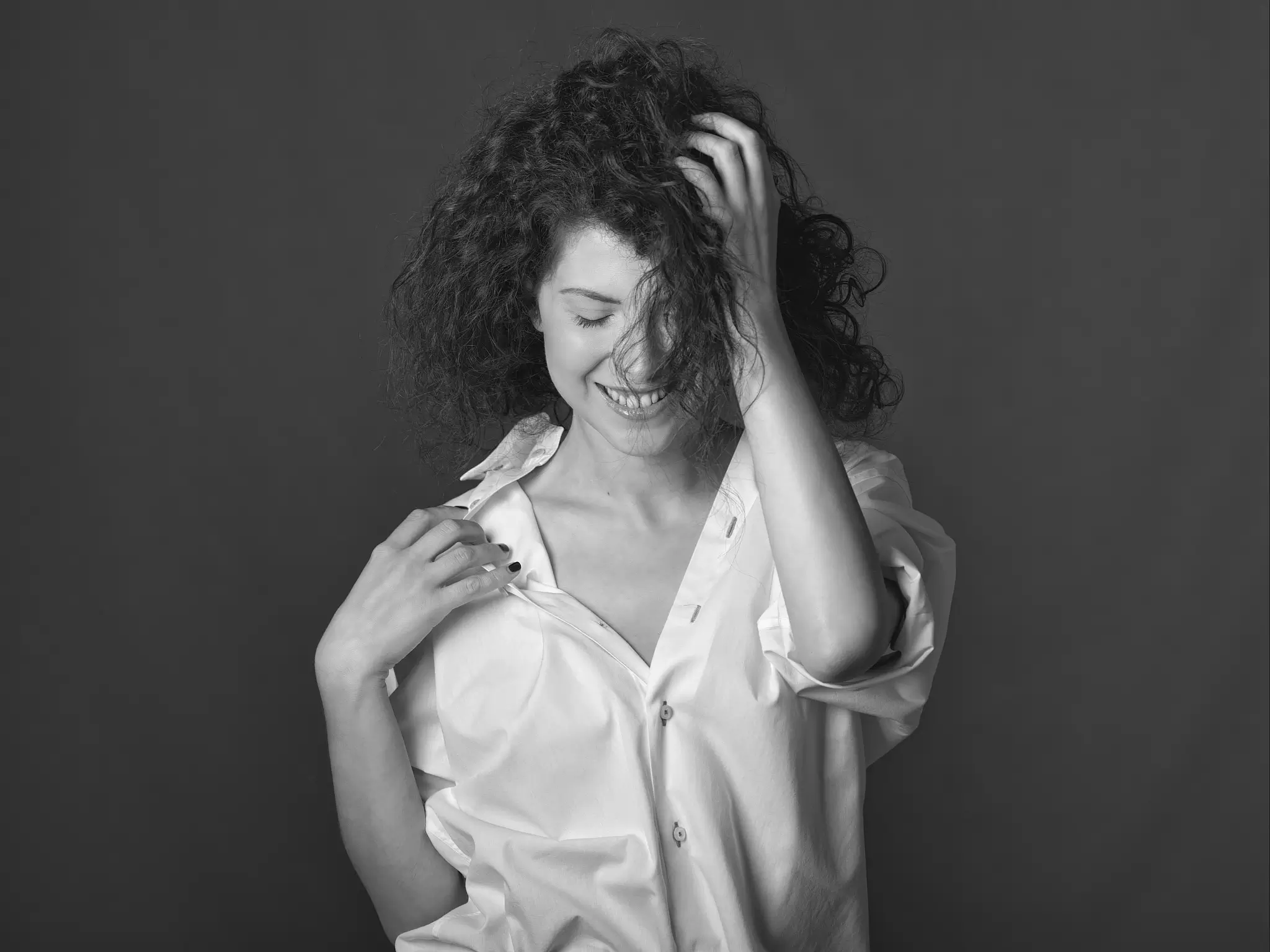 Be Yourself - Black and white studio portrait of model with white shirt