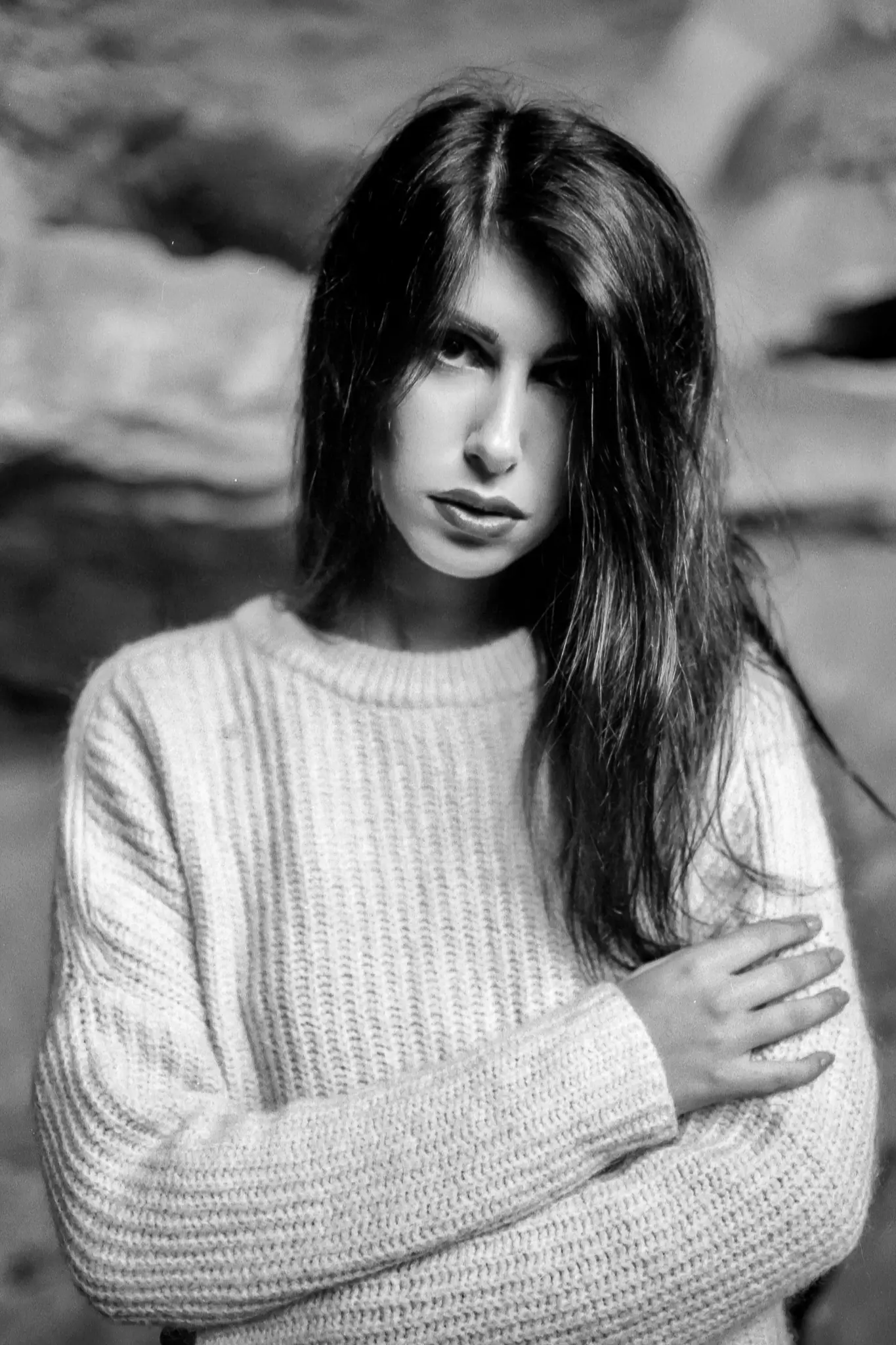 Black and white Portrait shoot of a model inside a cave