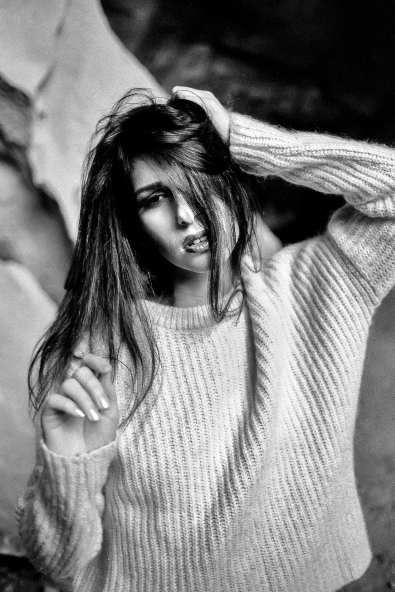 Black and white Portrait shoot of a model inside a cave