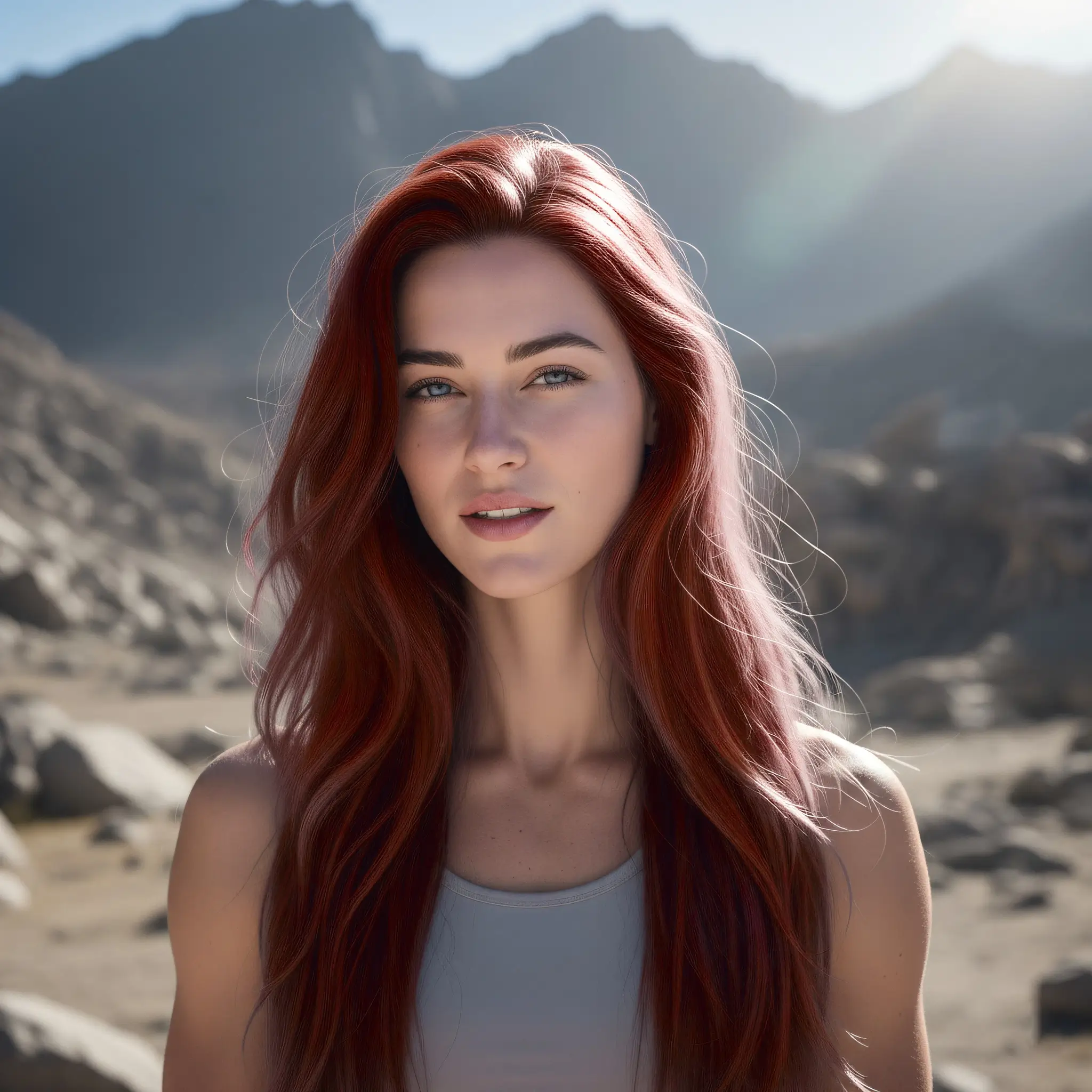 Photorealistic portrait of Naima, young woman posing in the mountains affected by climate change.