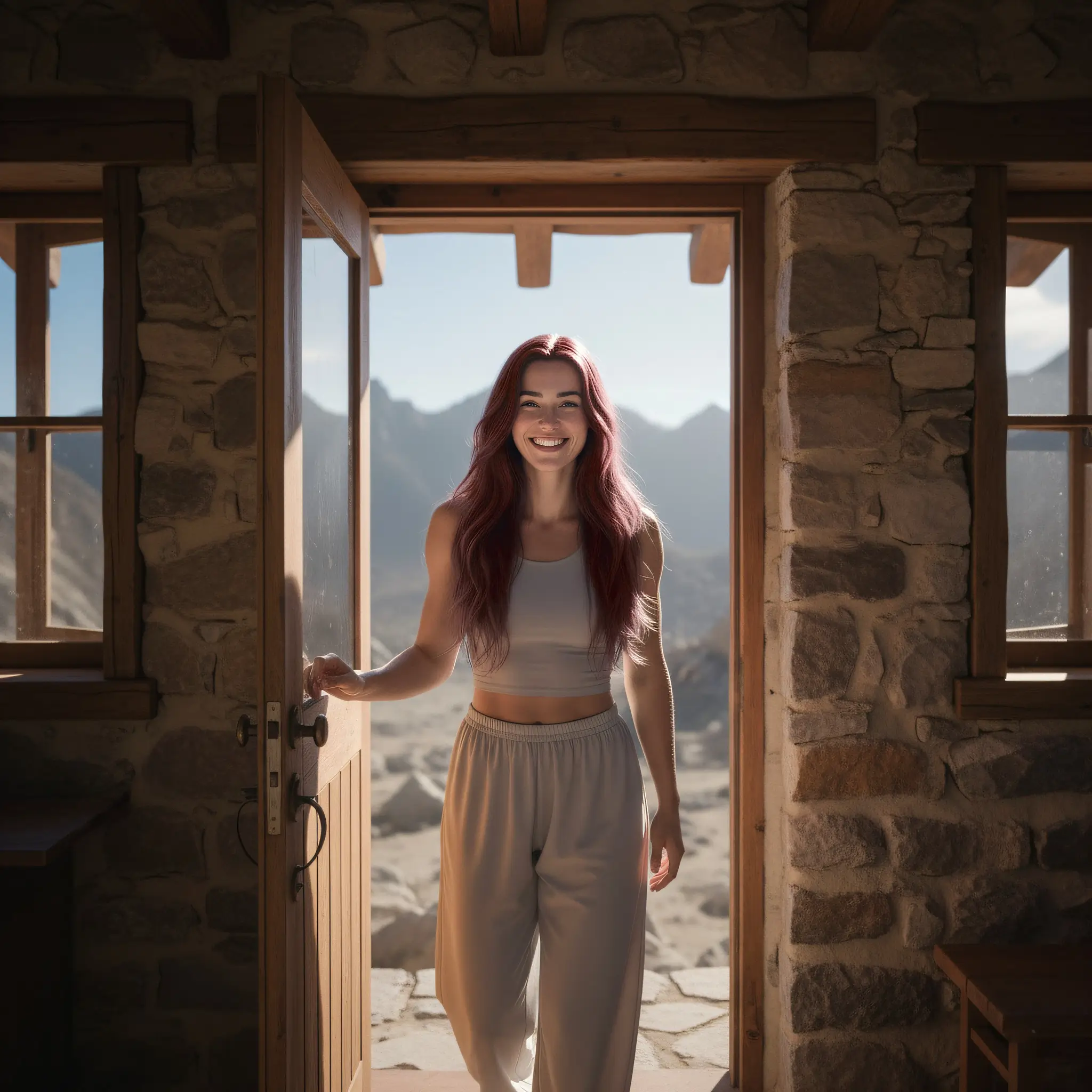 Photorealistic portrait of Naima, young woman posing in the mountains affected by climate change.