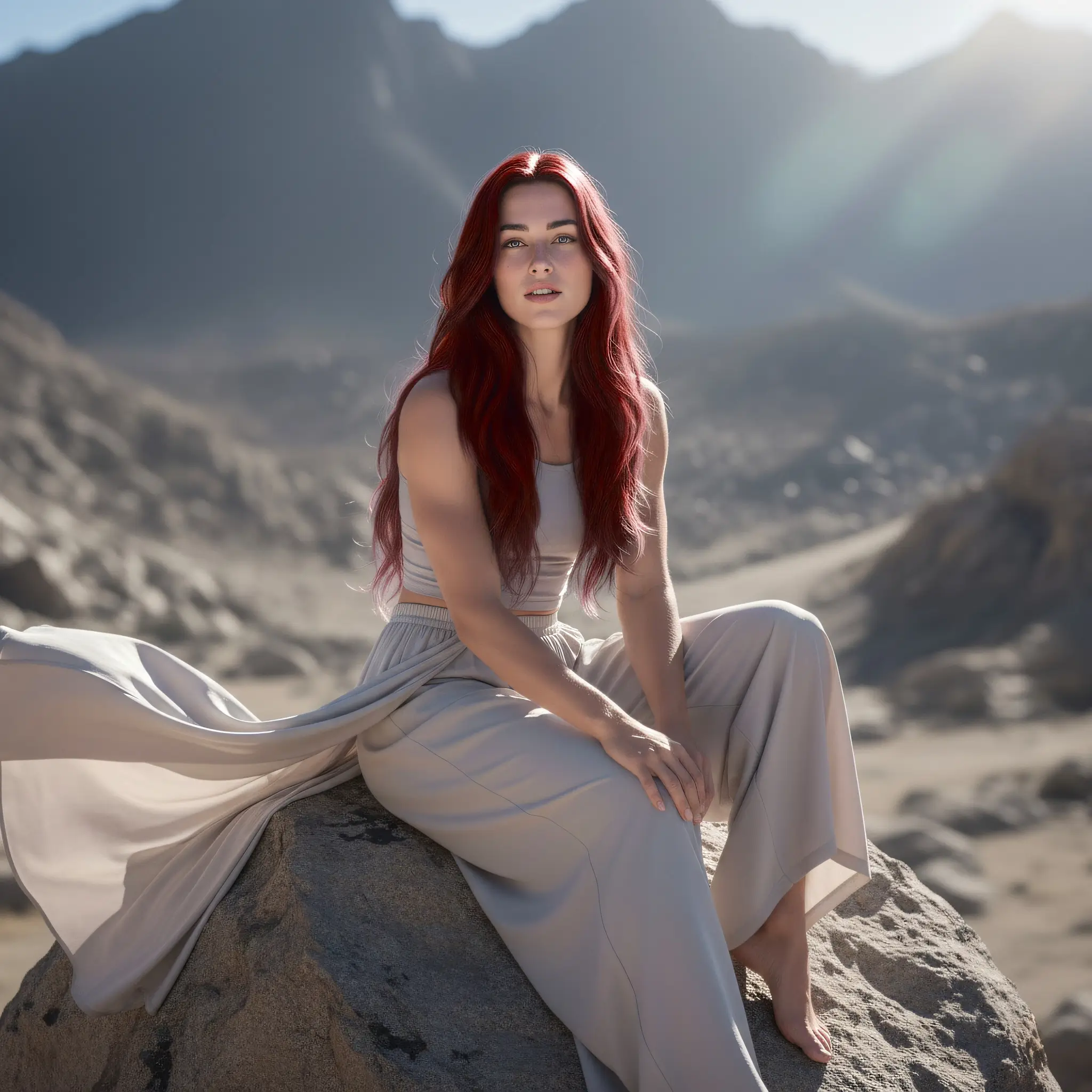 Photorealistic portrait of Naima, young woman posing in the mountains affected by climate change.