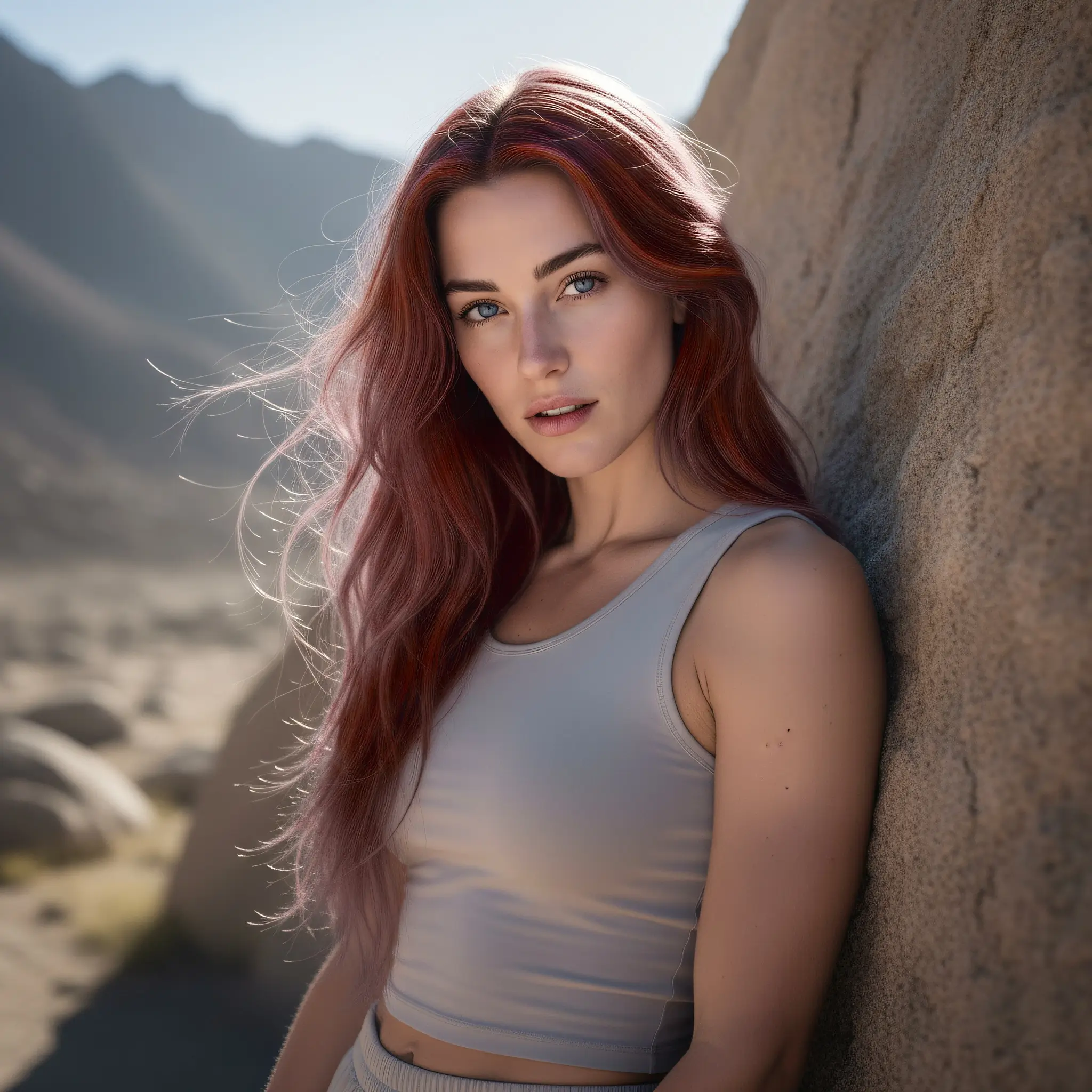 Photorealistic portrait of Naima, young woman posing in the mountains affected by climate change.