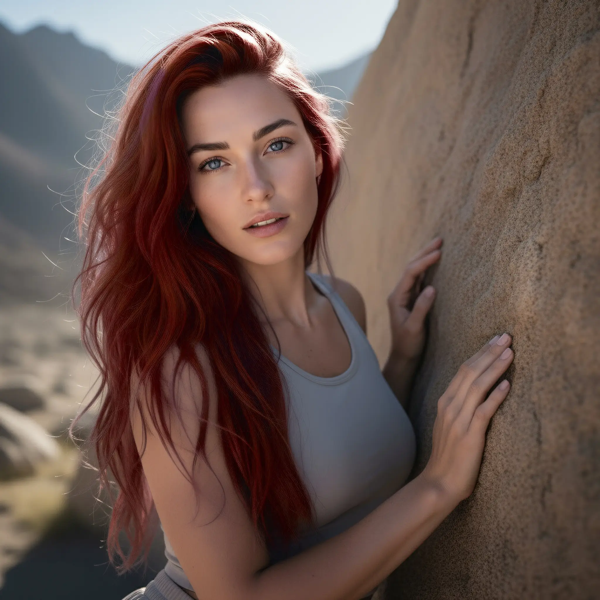 Photorealistic portrait of Naima, young woman posing in the mountains affected by climate change.
