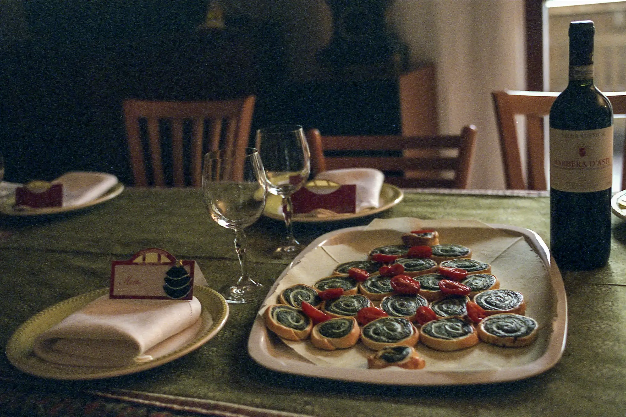 Christmas lunch table photographed on 35mm film with a warm vintage look